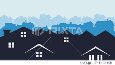 Residential Cityscape Layered Silhouette. Suburban neighborhood panorama. Small town landscape. Housing Skyline vector. Seamless composition isolated on white background Residential Cityscape Layered Silhouette. Suburban neighborhood panorama. Small town landscape. Housing Skyline vector. Seamless composition isolated on white background 141898306