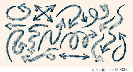Arrow vector set in vintage comic style. Hand drawn icon shape with brush texture and sketchy doodle line art. Ideal for web graphic design. Perfect for handwritten poster or scribble background. 141898865