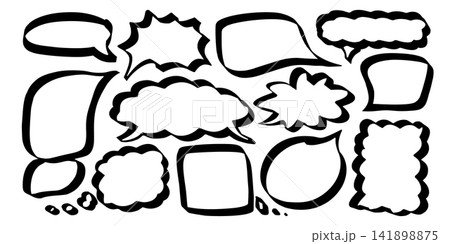 Speech bubble line art vector set in black and white. Isolated cartoon background with doodle dialog chat shape. Ideal for conversation graphic stamp. Perfect for comic dialogue and talk design. 141898875