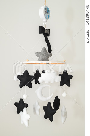 Black and white felt baby crib mobile with stars, moon, and clouds nursery decoration Black and white felt baby crib mobile with stars, moon, and clouds nursery decoration 141899449
