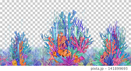 Seamless watercolor coral reef border with vibrant tropical corals and underwater plants. Hand painted horizontal sea design for banners, invitations, stationery, backgrounds, packaging, summer decor Seamless watercolor coral reef border with vibrant tropical corals and underwater plants. Hand painted horizontal sea design for banners, invitations, stationery, backgrounds, packaging, summer decor 141899693