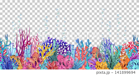 Seamless watercolor coral reef border with vibrant tropical corals and underwater plants. Hand painted horizontal sea design for banners, invitations, stationery, backgrounds, packaging, summer decor Seamless watercolor coral reef border with vibrant tropical corals and underwater plants. Hand painted horizontal sea design for banners, invitations, stationery, backgrounds, packaging, summer decor 141899694