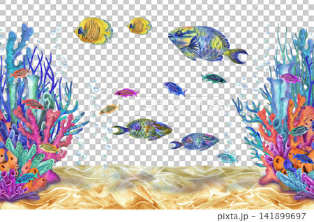 Colorful watercolor coral reef scene with tropical fish, vibrant corals and underwater plants. Hand painted marine composition with copy space for banners, backgrounds, invitations, posters Colorful watercolor coral reef scene with tropical fish, vibrant corals and underwater plants. Hand painted marine composition with copy space for banners, backgrounds, invitations, posters 141899697