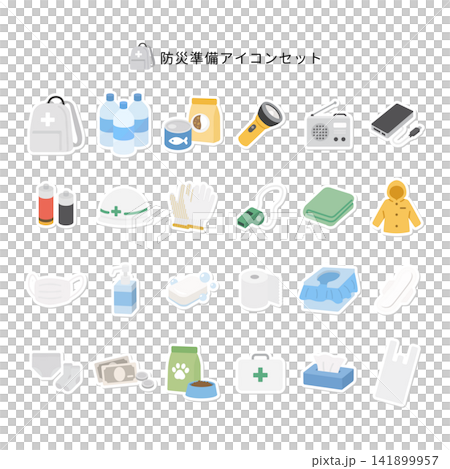 一套災難防備用品和緊急包的貼紙式插圖，包括疏散準備貼紙和平面圖示素材。 141899957