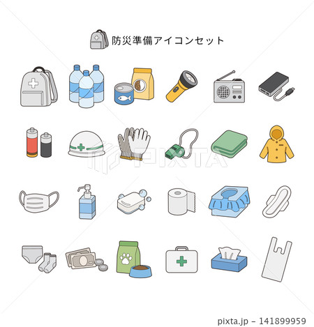 防災グッズや非常用持出袋の線画イラストセット・災害時の避難準備アウトライン・フラットアイコン素材 141899959