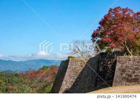 岡城跡の石垣と紅葉 141900474