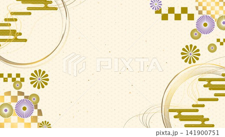 麻の葉と市松模様をあしらった和風装飾背景 141900751