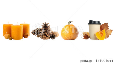 Candles and pumpkins arranged with pinecones and leaves evoke seasonal charm, PNG Candles and pumpkins arranged with pinecones and leaves evoke seasonal charm, PNG 141901044