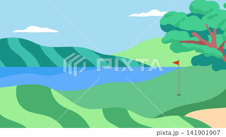 A clean and minimal organic flat vector illustration featuring a serene golf course landscape with a clear blue sky in a simple and elegant outdoor composition. 141901907