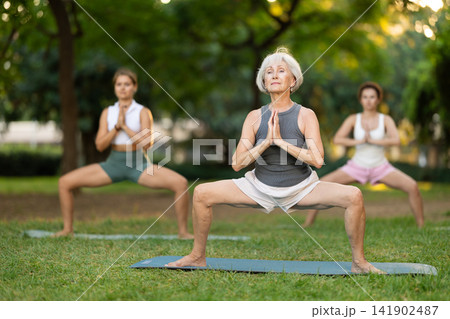 Elderly woman doing yoga in park Elderly woman doing yoga in park 141902487