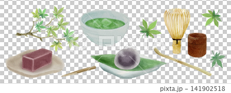 抹茶と和菓子青紅葉の風景の水彩イラストセット 141902518