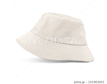 A beautiful, simple white bucket hat sits stylishly on a white floor. 141903041