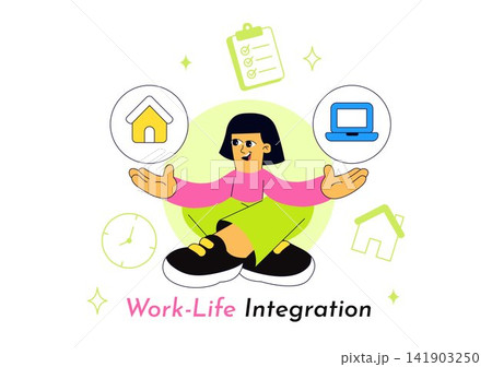 Work Life Integration Vector Illustration Featuring Balanced Professional Duties, Home Activities, Productivity, And Personal Wellbeing Work Life Integration Vector Illustration Featuring Balanced Professional Duties, Home Activities, Productivity, And Personal Wellbeing 141903250