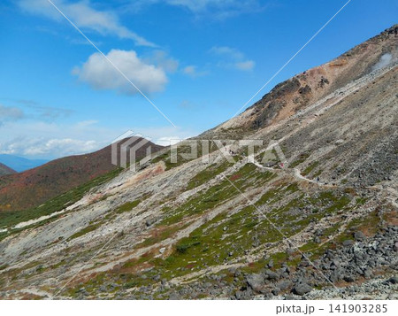 荒々しい茶臼岳の岩肌と登山道 141903285