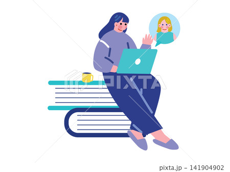 オンライン英会話で英語を学ぶ女性のイラスト オンライン英会話で英語を学ぶ女性のイラスト 141904902
