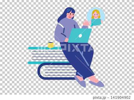 オンライン英会話で英語を学ぶ女性のイラスト オンライン英会話で英語を学ぶ女性のイラスト 141904902