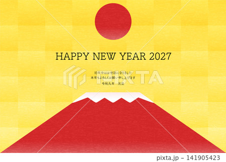 2027年未年の年賀状、赤富士と初日の出 2027年未年の年賀状、赤富士と初日の出 141905423