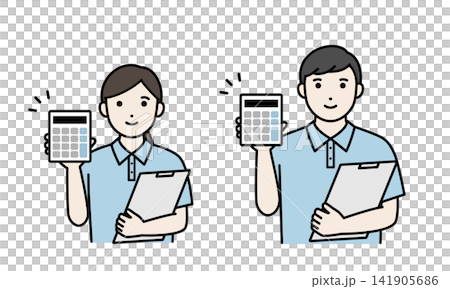 身穿polo衫、手持計算機的工作人員 身穿polo衫、手持計算機的工作人員 141905686