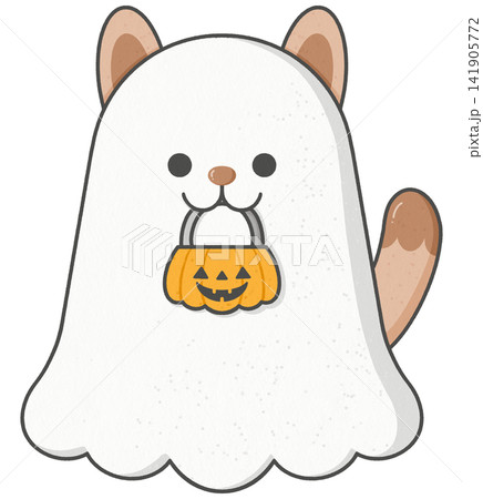 Cute cartoon dog in ghost costume holding pumpkin basket Cute cartoon dog in ghost costume holding pumpkin basket 141905772
