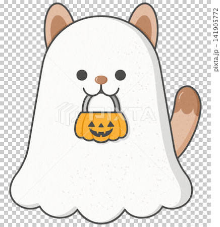 Cute cartoon dog in ghost costume holding pumpkin basket Cute cartoon dog in ghost costume holding pumpkin basket 141905772