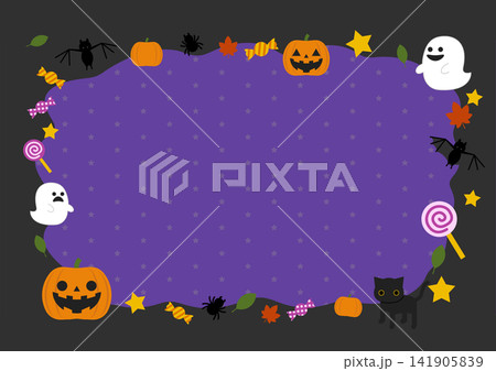 ジャックオーランタンやおばけが周りを囲む横型のハロウィンフレーム素材 141905839
