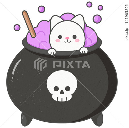 Cute cartoon cat in witch cauldron for halloween Cute cartoon cat in witch cauldron for halloween 141905896