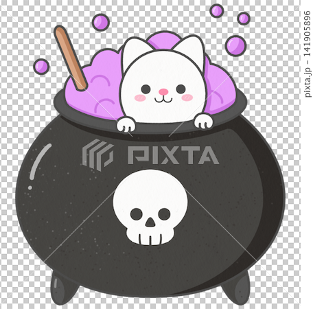 Cute cartoon cat in witch cauldron for halloween Cute cartoon cat in witch cauldron for halloween 141905896