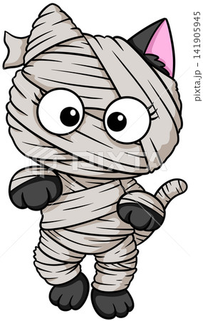 Cute cartoon mummy cat wrapped in bandages walking forward in a playful pose 141905945