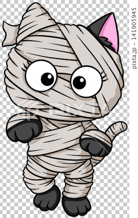 Cute cartoon mummy cat wrapped in bandages walking forward in a playful pose 141905945
