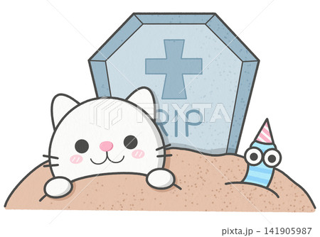 Cute cartoon cat and worm at halloween tombstone Cute cartoon cat and worm at halloween tombstone 141905987