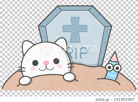 Cute cartoon cat and worm at halloween tombstone Cute cartoon cat and worm at halloween tombstone 141905987