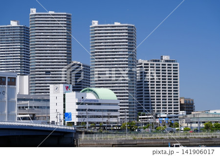 青空広がる横浜の湾岸風景 中央卸売市場とコットンハーバー地区の景観 青空広がる横浜の湾岸風景 中央卸売市場とコットンハーバー地区の景観 141906017
