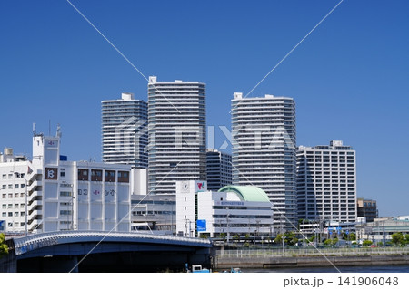 青空広がる横浜の湾岸風景 中央卸売市場とコットンハーバー地区の景観 青空広がる横浜の湾岸風景 中央卸売市場とコットンハーバー地区の景観 141906048