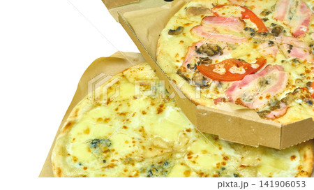 Fast food delivering.Various two tasty pizzas Fast food delivering.Various two tasty pizzas 141906053