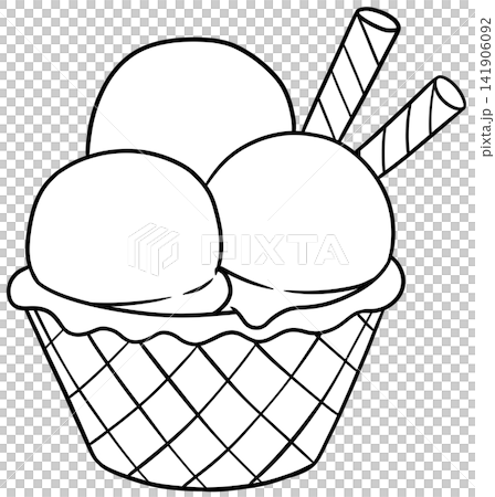 Waffle Bowl Ice Cream with Three Scoops and Wafer Sticks Line Art Waffle Bowl Ice Cream with Three Scoops and Wafer Sticks Line Art 141906092