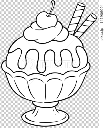 Classic Ice Cream Sundae Glass with Sauce Cherry and Wafers Line Art Classic Ice Cream Sundae Glass with Sauce Cherry and Wafers Line Art 141906094