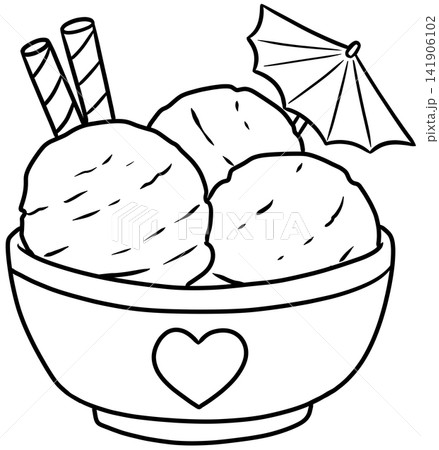 Summer Ice Cream Bowl with Mini Umbrella and Wafers Line Art Drawing 141906102
