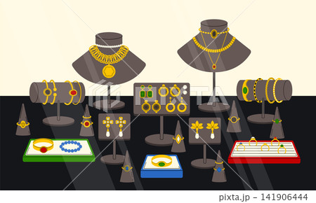 Jewelry exhibition set. Luxury showcase. Diamond necklace on mannequin. Golden watch, earring and rings with gemstone. Elegant display of beauty. Vector garish cartoon flat style isolated illustration Jewelry exhibition set. Luxury showcase. Diamond necklace on mannequin. Golden watch, earring and rings with gemstone. Elegant display of beauty. Vector garish cartoon flat style isolated illustration 141906444