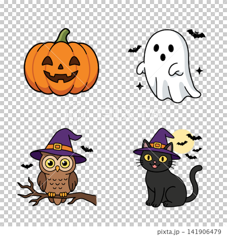 Cute Halloween Character Illustration Set (Pumpkin, Ghost, Owl, Black Cat) Cute Halloween Character Illustration Set (Pumpkin, Ghost, Owl, Black Cat) 141906479
