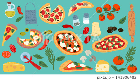 Italian pizza set. Tomatoes, basil, tomato paste on piece. Mozzarella cheese, olive oil. Ingredients for menu cooking. Pizzeria takeaway icon. Vector fast food cartoon flat style isolated illustration 141906482