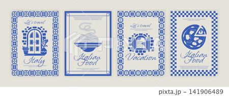 Italian poster. Trip to Italy. Mediterranean vacation. Tourism postcard. Traditional food, pizza, pasta. Invitation in open window. Vector garish background, blue flat style isolated illustration Italian poster. Trip to Italy. Mediterranean vacation. Tourism postcard. Traditional food, pizza, pasta. Invitation in open window. Vector garish background, blue flat style isolated illustration 141906489