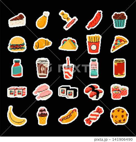 Fast food pixel art. 8 bit hamburger. Icon vintage, dot UI menu. Retro restaurant sign for game. Cartoon element sushi, cupcake, soda and sandwich playful retro styling. Vector garish isolated set Fast food pixel art. 8 bit hamburger. Icon vintage, dot UI menu. Retro restaurant sign for game. Cartoon element sushi, cupcake, soda and sandwich playful retro styling. Vector garish isolated set 141906490