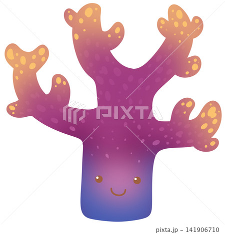 Cute pink and purple coral branch character smiling happily in ocean reef scene 141906710