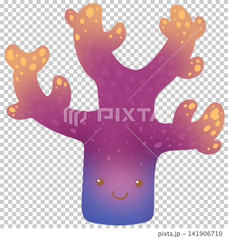 Cute pink and purple coral branch character smiling happily in ocean reef scene 141906710