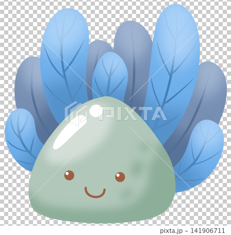 Cute green rock character surrounded by blue sea anemone leaves smiling cheerfully Cute green rock character surrounded by blue sea anemone leaves smiling cheerfully 141906711
