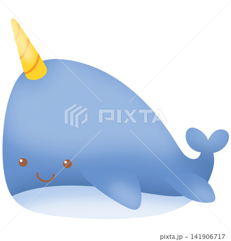 Cute blue narwhal whale swimming happily with yellow horn in ocean concept Cute blue narwhal whale swimming happily with yellow horn in ocean concept 141906717