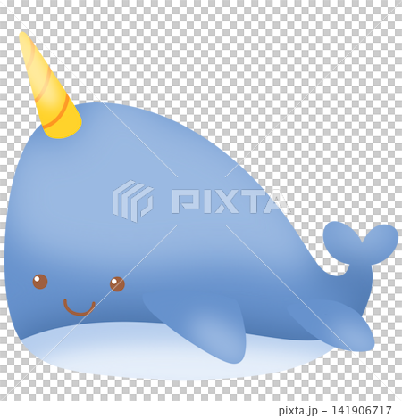 Cute blue narwhal whale swimming happily with yellow horn in ocean concept Cute blue narwhal whale swimming happily with yellow horn in ocean concept 141906717