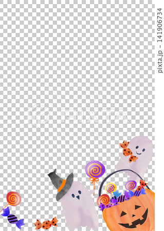 ハロウィンのおばけと、お菓子のたくさん入ったかぼちゃのイラスト ハロウィンのおばけと、お菓子のたくさん入ったかぼちゃのイラスト 141906734