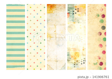 Series of banner featuring vivid, multicolored pattern on vintage paper texture. Set of colorful print is applied to a cardboard background. Collection of horizontal or vertical retro style backdrop Series of banner featuring vivid, multicolored pattern on vintage paper texture. Set of colorful print is applied to a cardboard background. Collection of horizontal or vertical retro style backdrop 141906761