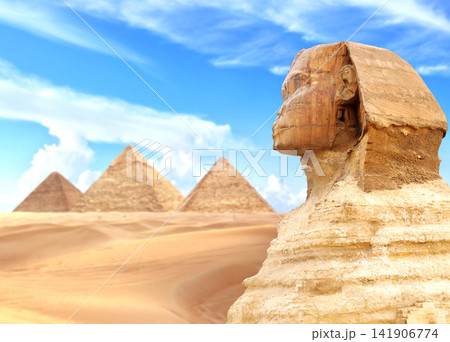 Creative collage - Great Sphinx, Great Pyramid of Menkaure, Chephren, Cheops, Cairo, Egypt. Pyramids, Sphinx, Giza Necropolis, popular destination for traveller. Topic of vacation, travel, trip abroad Creative collage - Great Sphinx, Great Pyramid of Menkaure, Chephren, Cheops, Cairo, Egypt. Pyramids, Sphinx, Giza Necropolis, popular destination for traveller. Topic of vacation, travel, trip abroad 141906774